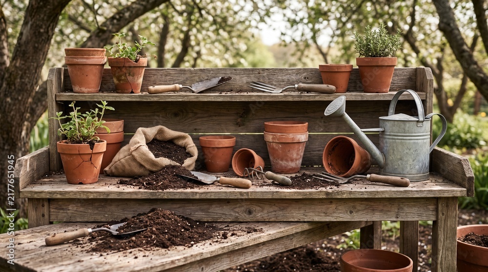 Obraz premium Rustic Wooden Potting Bench with Terracotta Pots Potting Soil Garden Trowel and Watering Can