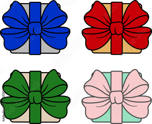 Gift boxes with big ribbon bows set vector illustration isolated on white background. Colorful present packages collection for birthday, christmas, holiday cards, stickers