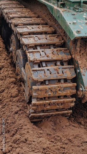 Heavy-duty tracked vehicle treads through muddy terrain, showcasing industrial power and earthmoving capability in a challenging environment.