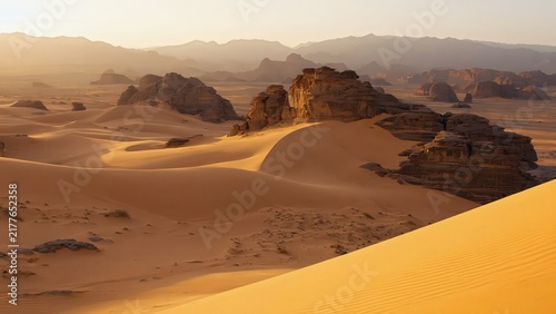 Majestic sandstone rock formations emerge from rolling sand dunes at sunrise in the Jordanian desert landscape.