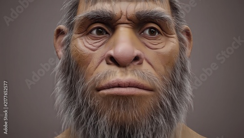 Detailed Portrait of a Neanderthal Man with Gray Beard, Realistic Reconstruction of Ancient Human Ancestor.