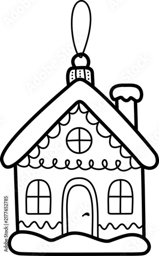 Hand drawn gingerbread house christmas tree ornament outline vector illustration isolated on white background. Black line art holiday bauble for coloring book, card, winter decor