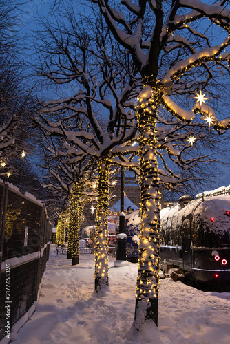 Christmas decorations at the Christmas market on Manezhnaya Square in St. Petersburg. Trees decorated with bright, shimmering garlands.