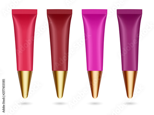Fotografía Four colorful lip gloss tubes for makeup and beauty products on transparent back