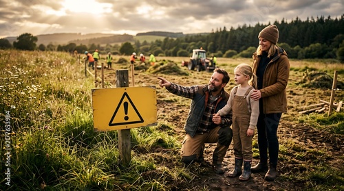 Father points to a yellow warning sign for his family in a rural field near workers