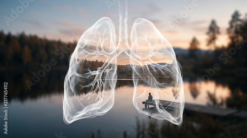 Conceptual illustration of human lungs overlaid on a serene natural landscape at sunset, representing health and the environment