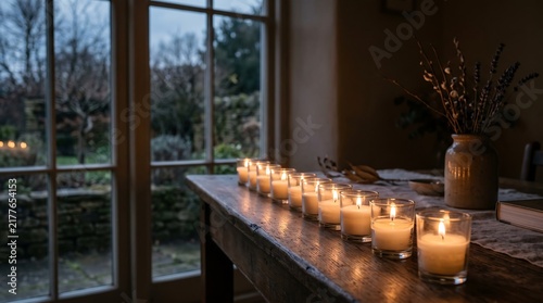 A row of glowing candles on a rustic wooden table creating a warm and cozy atmosphere
