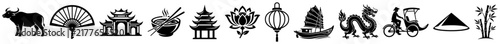 East Asian cultural icons and traditional symbols collection in black silhouette style