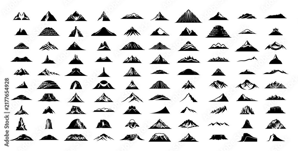 Fototapeta premium Mountain peaks and alpine landscape silhouettes set for outdoor adventure design
