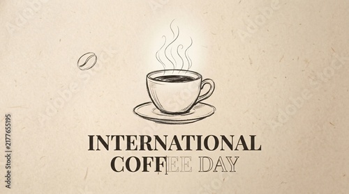 International Coffee Day banner with hand-drawn steaming espresso cup sketch and coffee bean on vintage textured paper background.
