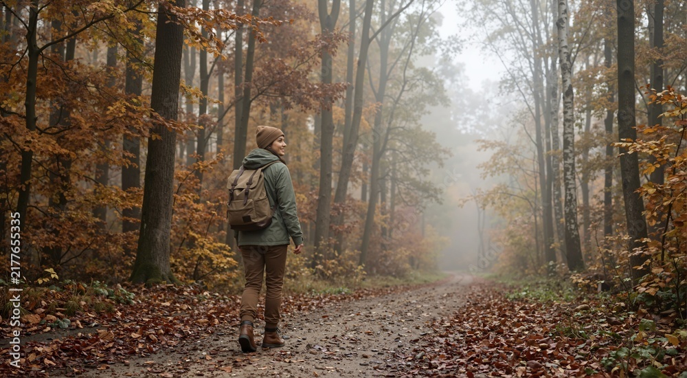 Fototapeta premium Woman with a backpack hiking on a dirt trail in an autumn forest. Back view of a female traveler walking through foggy woods with fall foliage