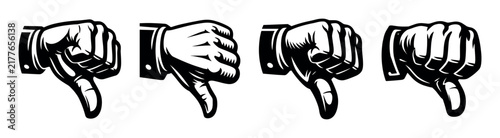 Foto Set of four thumbs down hand gesture icons in a vintage illustration style