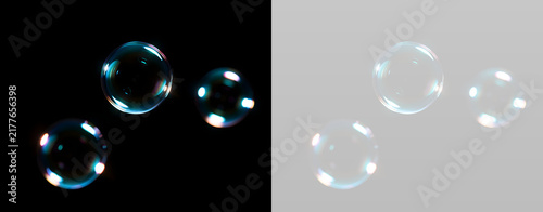 Obraz na plátně Soap bubble spheres with glassy reflections and luminous edges.