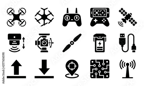 A comprehensive collection of drone related icons including controllers batteries and signal indicators showcasing modern aerial technology