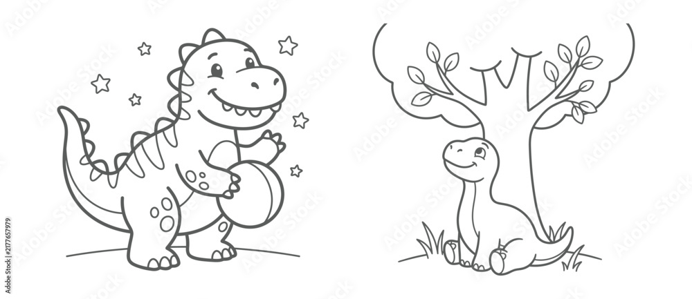 Obraz premium Cute cartoon dinosaur characters for children coloring book page featuring a playful dino and a resting baby dinosaur