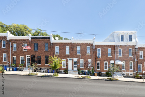 Red brick rowhouses on Manayunk Ave in the Philly neighborhood of Roxborough-Manayunk, Philadelphia, PA, USA