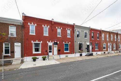 Red brick rowhouses on Manayunk Ave in the Philly neighborhood of Roxborough-Manayunk, Philadelphia, PA, USA