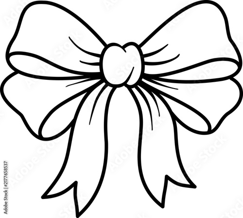Hand drawn ribbon bow with tails outline vector illustration isolated on white background. Black line art gift bow for coloring book, card, decor