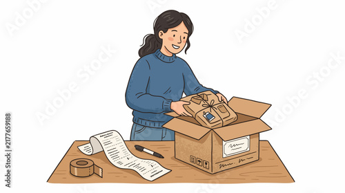 Woman packing a gift box with clothes and shipping supplies on a wooden table