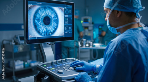 A medical professional is focused on an eye scan on a monitor in a hospital room. The staff prepares for the next patient in the background