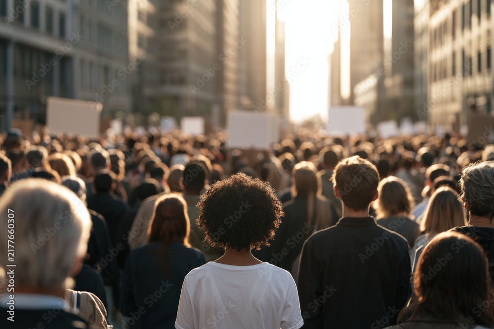 Obraz premium Sunlit urban street filled with marchers holding banners