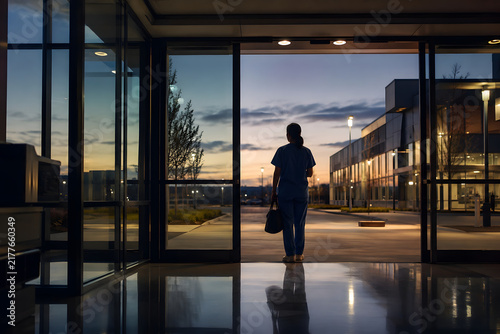 Healthcare professional arriving at a hospital before sunrise, standing at a glass entrance with work bag, symbolizing early shift, workforce pressure, resilience and dedication.
