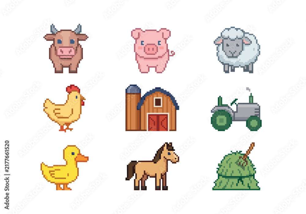 Fototapeta premium Pixel Art Farm Animals and Agriculture Icon Set Isolated on White Background