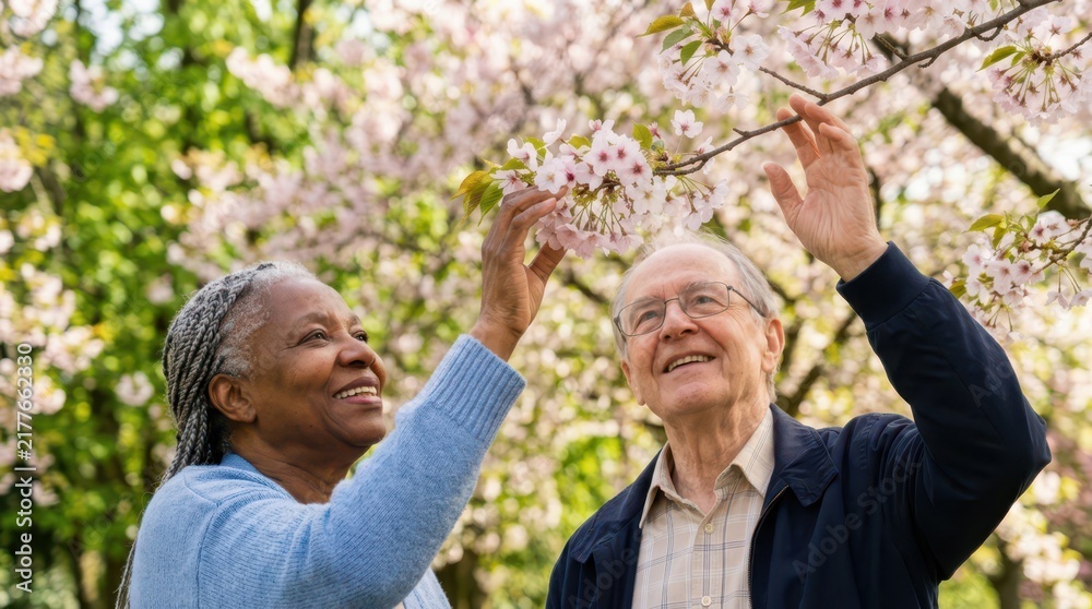 Fototapeta premium Seniors joyfully spend time outdoors in nature. An older couple smiles while admiring and gently touching pink cherry blossoms on a spring tree.
