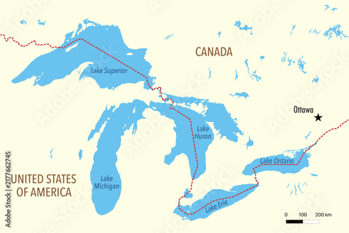 Great Lakes Map of North America Showing Lakes Superior, Michigan, Huron, Erie and Ontario