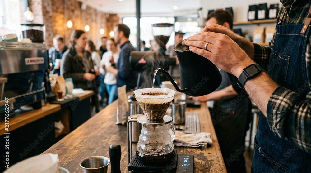 Obraz premium Barista brewing artisan pour over filter coffee with gooseneck kettle in a bustling specialty coffee shop, celebrating Coffee Day culture.