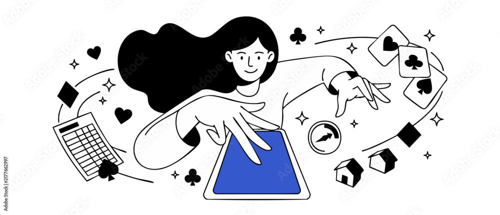 Obraz premium Online casino mobile gaming illustration of a woman using a tablet with playing cards, houses, and financial icons flying around. Minimal line art style concept for gambling apps and modern betting.