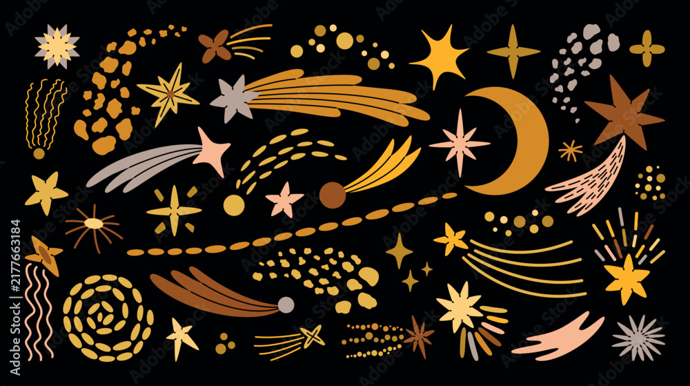 Obraz premium Hand drawn vector illustrations set on celestial and space themed with sparkling and shooting stars, comets, crescent moon, cosmic trails, dots, abstract celestial shapes and decorative accents.