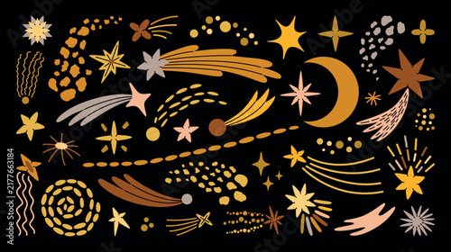 Hand drawn vector illustrations set on celestial and space themed with sparkling and shooting stars, comets, crescent moon, cosmic trails, dots, abstract celestial shapes and decorative accents.