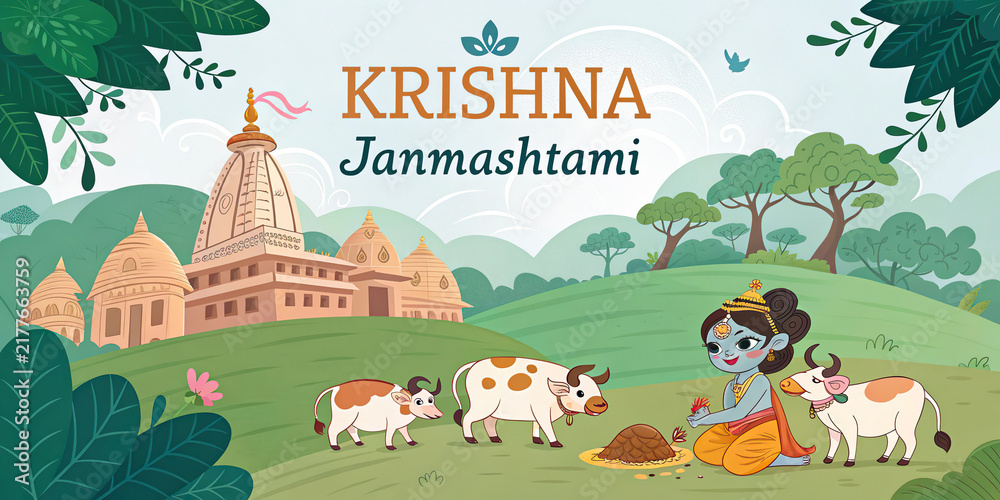 Fototapeta premium Krishna Janmashtami celebration with butter pot peacock feathers lotus and festive lamps