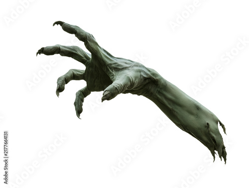 Creepy Olive Green Zombie Monster Hand with Claw Like Fingers Isolated on Transparent Background