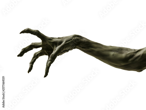 Creepy Olive Green Zombie Monster Hand with Claw Like Fingers Isolated on Transparent Background