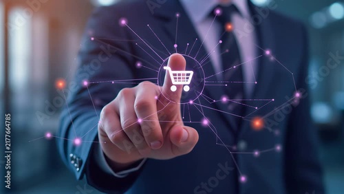 Businessman tapping shopping cart icon on digital interface. E-commerce, online retail, technology, digital transaction, modern business.
