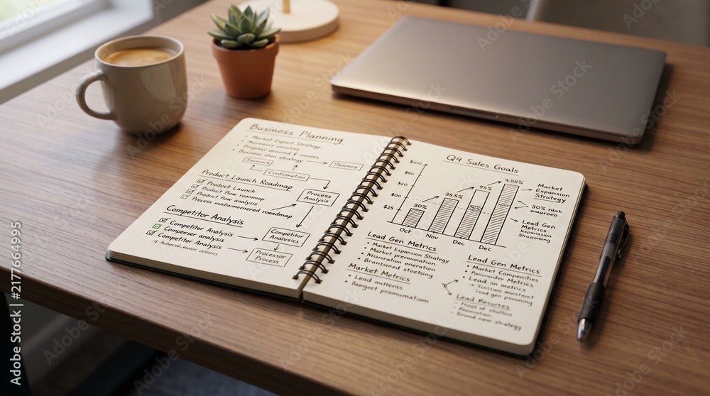 Fototapeta premium Open planner with charts on a wooden desk beside a laptop, coffee mug, and small plant in a home office. Visualizes workflow planning, productivity tracking, and focused remote work routines. 
