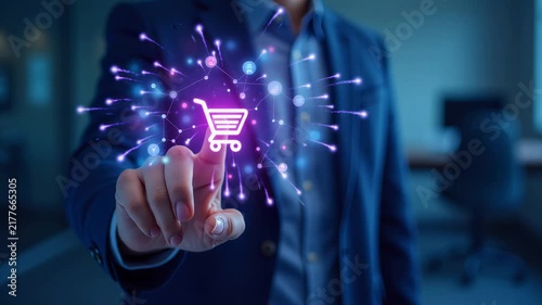 Businessman interacts with glowing shopping cart icon in futuristic office. E-commerce, digital commerce, online retail, technology, business.