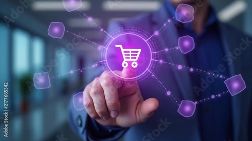 Businessman interacts with holographic shopping cart icon in modern office. E-commerce, digital commerce, technology, retail industry.