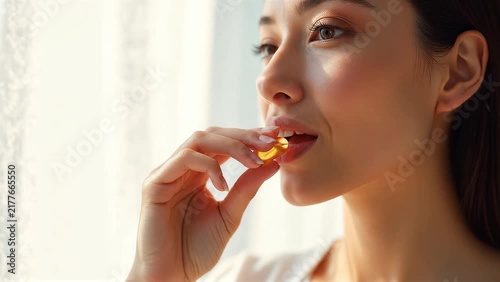 Woman taking a golden supplement capsule. Health care, wellness, nutrition, personal care, daily routine.