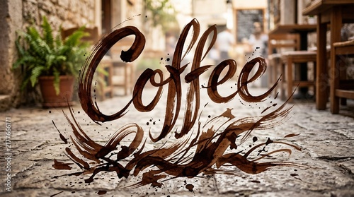 Coffee calligraphy typography text with liquid splash effect on blurred outdoor European cafe street background, celebrating International Coffee Day.