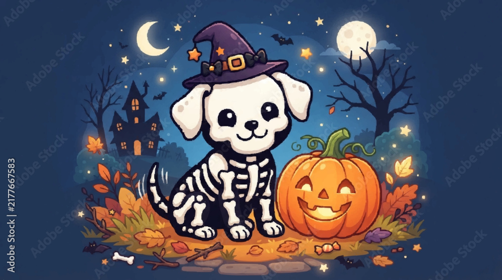 Fototapeta premium A Cute Puppy Dressed as a Skeleton for Halloween, Sitting Beside a Jack-o'-Lantern and a Haunted House