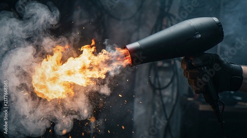 Konstfotografi A gloved hand holding a black hair dryer that is emitting a burst of intense fire and smoke, symbolizing extreme heat or power