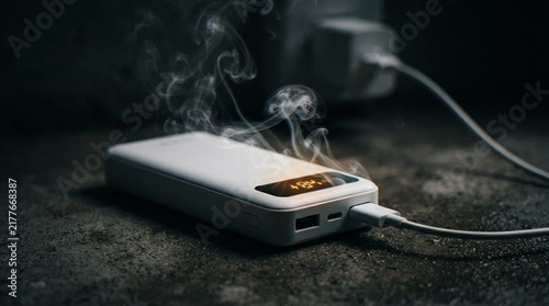 Fotografía A smoking power bank overheating while plugged in to charge, representing a fire hazard and faulty electronic device