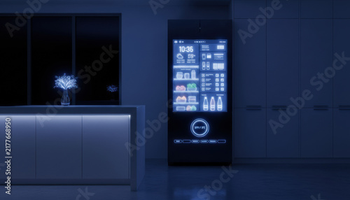 Modern smart refrigerator with luminous interactive touch screen display in dark minimalist kitchen showcasing future home automation technology