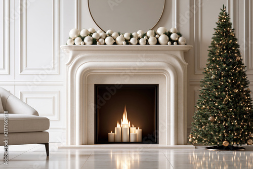 Elegant limestone fireplace mantel with cream ornaments pillar candles and Christmas tree in neutral living room.