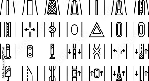 Road divider icons set, highway median barrier and traffic island outline symbols