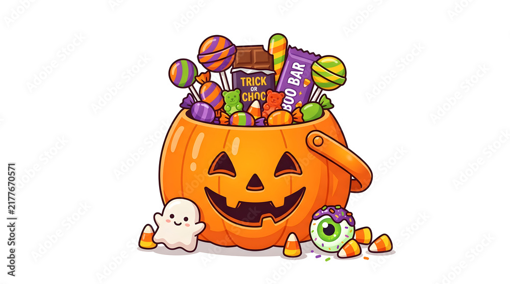 Fototapeta premium A brimming pumpkin bucket overflows with an assortment of colorful candies and treats for Halloween night.