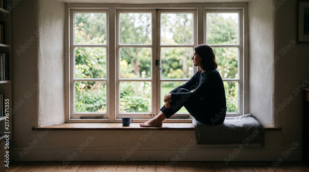Obraz premium Woman sitting by a window looking out at the garden with a mug of tea